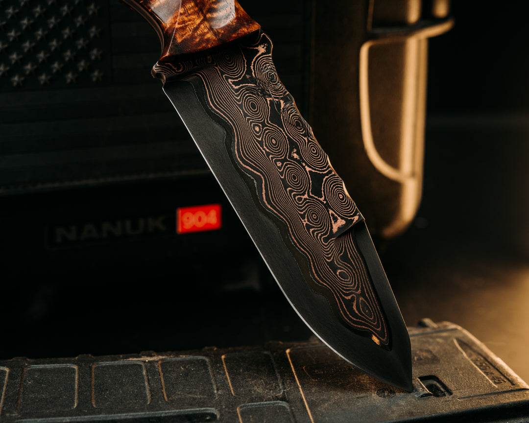 Disaster Breacher- Baker Forge Raindrop CopperMai- Hawaiian Curly Koa, Copper Patriot Mosaic Pins, Copper Lanyard Pin, Textured Grip