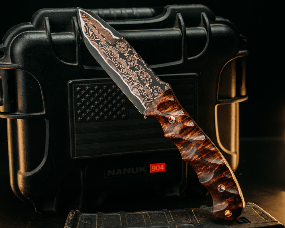 Disaster Breacher- Baker Forge Raindrop CopperMai- Hawaiian Curly Koa, Copper Patriot Mosaic Pins, Copper Lanyard Pin, Textured Grip