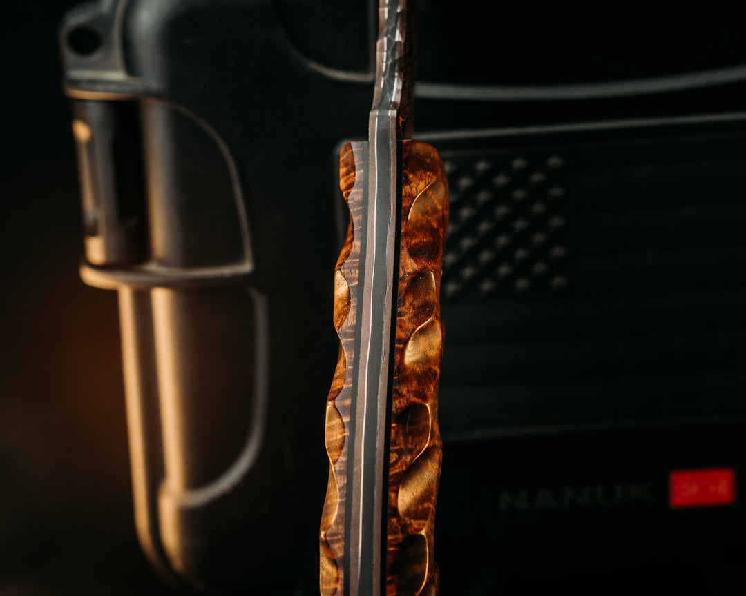 Disaster Breacher- Baker Forge Raindrop CopperMai- Hawaiian Curly Koa, Copper Patriot Mosaic Pins, Copper Lanyard Pin, Textured Grip