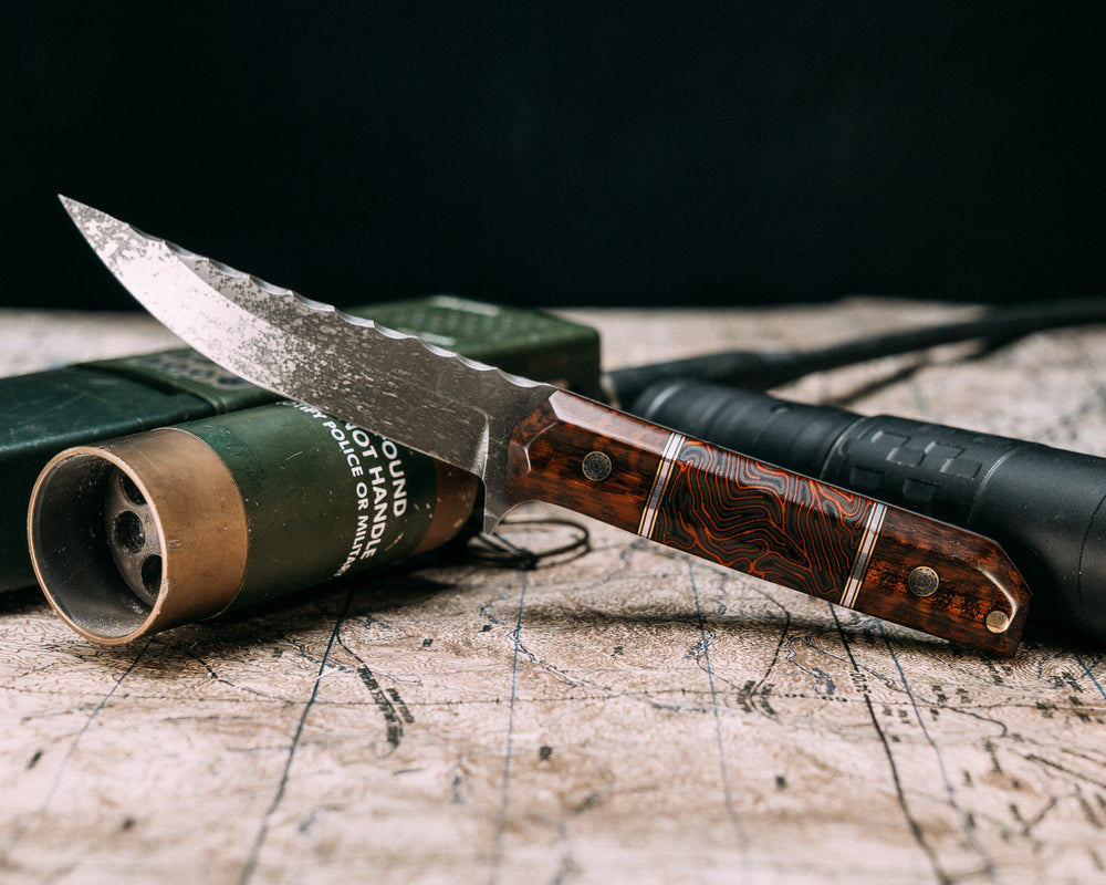 Kwaiken FC- Snakewood, Black G10, Brass and Aluminum Pin Striping, "Damascus" Lava Patterned G10 Split, Mosaic Pins, Brass Pin, Contoured Grip