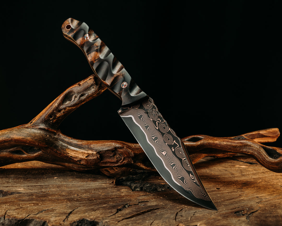 Crow Scout- Baker Forge Raindrop CopperMai- Hawaiian Curly Koa, Copper Patriot Mosaic Pins, Copper Lanyard Pin, Textured Grip