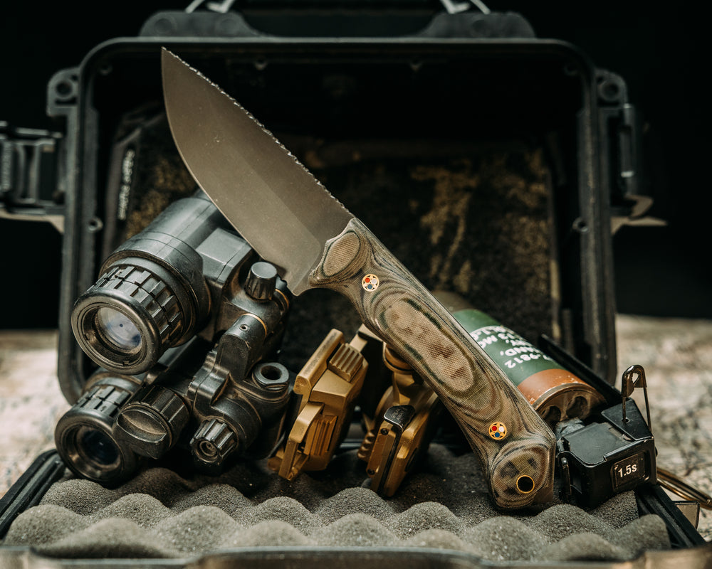 Modified Cavner- AOR1 and AOR2 Navy SEAL Cammie Micarta, Patriot Mosaic Pins, Brass Lanyard Pin, Contoured Grip