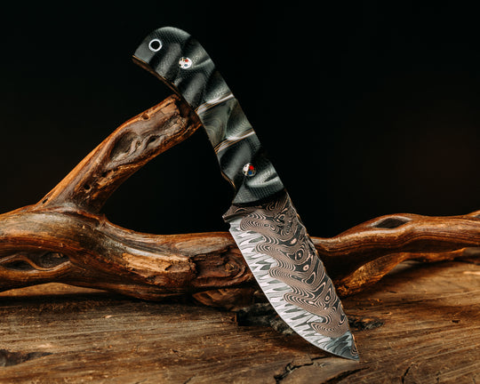 Cav Jr- Baker Forge CopperMai Crushed W's Core Chevron- Black Canvas Micarta, Coyote G10, Aluminum and Black G10 Pin Striping, Navy S.E.A.L AOR1 Cammie Micarta Split, Patriot Mosaic Pins, Aluminum Lanyard Pin, Textured Grip