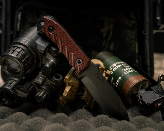 Disaster Cub- Red and Black G10, Armor Black Cerakote, Allen Bolts, Iron Grip
