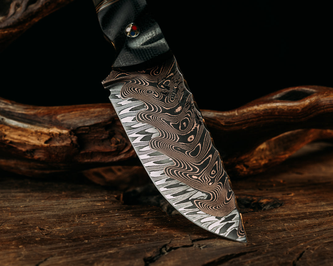 Cav Jr- Baker Forge CopperMai Crushed W's Core Chevron- Black Canvas Micarta, Coyote G10, Aluminum and Black G10 Pin Striping, Navy S.E.A.L AOR1 Cammie Micarta Split, Patriot Mosaic Pins, Aluminum Lanyard Pin, Textured Grip