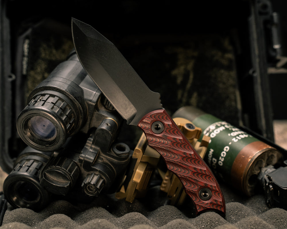 Disaster Cub- Red and Black G10, Armor Black Cerakote, Allen Bolts, Iron Grip