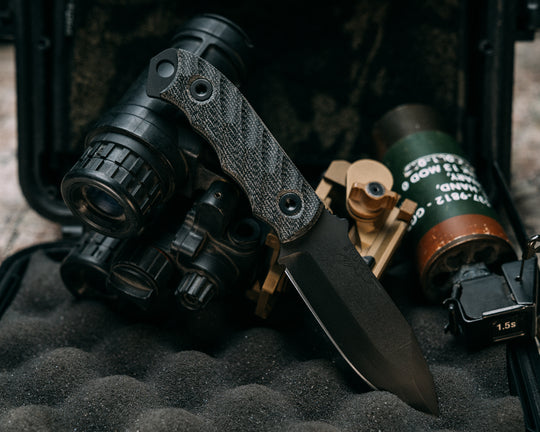 Disaster Cub- Black Canvas Micarta, Armor Black Cerakote, Allen Bolts, Iron Grip