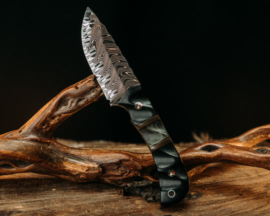 Cav Jr- Baker Forge CopperMai Crushed W's Core Chevron- Black Canvas Micarta, Coyote G10, Aluminum and Black G10 Pin Striping, Navy S.E.A.L AOR1 Cammie Micarta Split, Patriot Mosaic Pins, Aluminum Lanyard Pin, Textured Grip