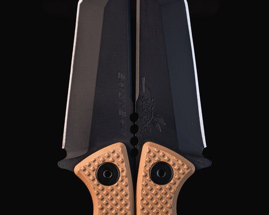 SHAW SHIV x HFB- Magpul stealth grey cerakote, Coyote Tan G10, Black Allen Bolts, Knurling Grip