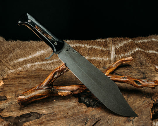 Modified Raider Bowie- Western Diamondback Rattlesnake Rattle in Tru-LaRue Resin, Western Diamondback Rattlesnake Vertebrae in Tru-sLaRue Resin, Mosaic Pins, Smooth Grip