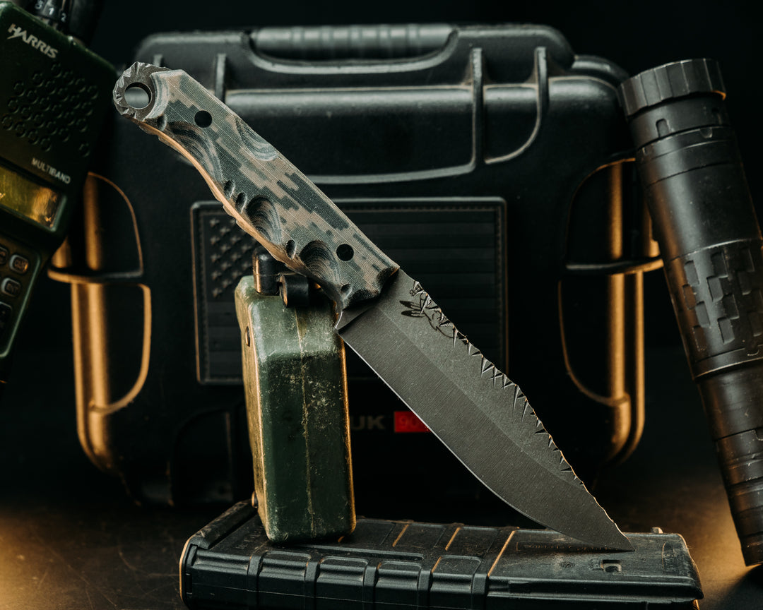 Crow Scout- ABU Air Force Tiger Stripe Cammie Micarta, Carbon Pins, Textured Grip, Rock Worked Spine and Skull Crusher