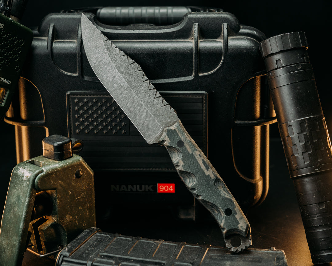 Crow Scout- ABU Air Force Tiger Stripe Cammie Micarta, Carbon Pins, Textured Grip, Rock Worked Spine and Skull Crusher