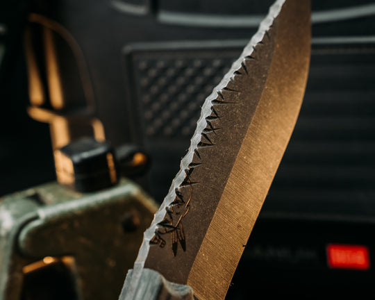 Crow Scout- ABU Air Force Tiger Stripe Cammie Micarta, Carbon Pins, Textured Grip, Rock Worked Spine and Skull Crusher