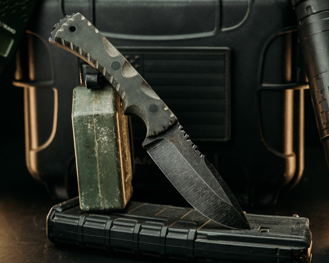 Nashi- Vintage US Army Olive Green Uniform Micarta, Carbon Pins, Carbon Lanyard Pin, Textured Grip, Rock Work Spine and Skull Crusher
