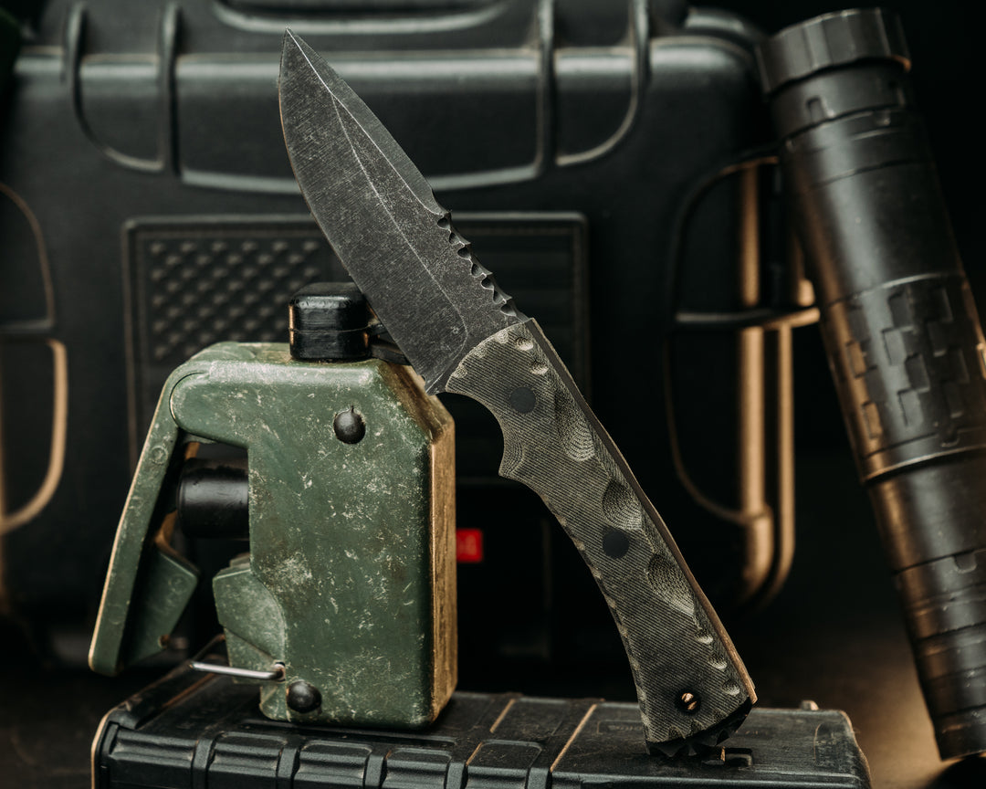 Nashi- Vintage US Army Olive Green Uniform Micarta, Carbon Pins, Carbon Lanyard Pin, Textured Grip, Rock Work Spine and Skull Crusher