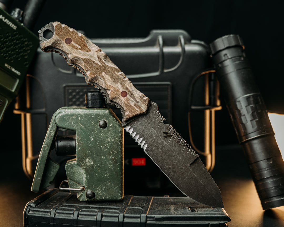 Notched Disaster Breacher- Desert Tiger Stripe Cammie Micarta, Brown Micarta Pins, Textured GripRock Worked Spine