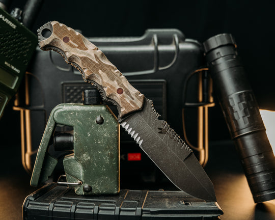 Notched Disaster Breacher- Desert Tiger Stripe Cammie Micarta, Brown Micarta Pins, Textured GripRock Worked Spine