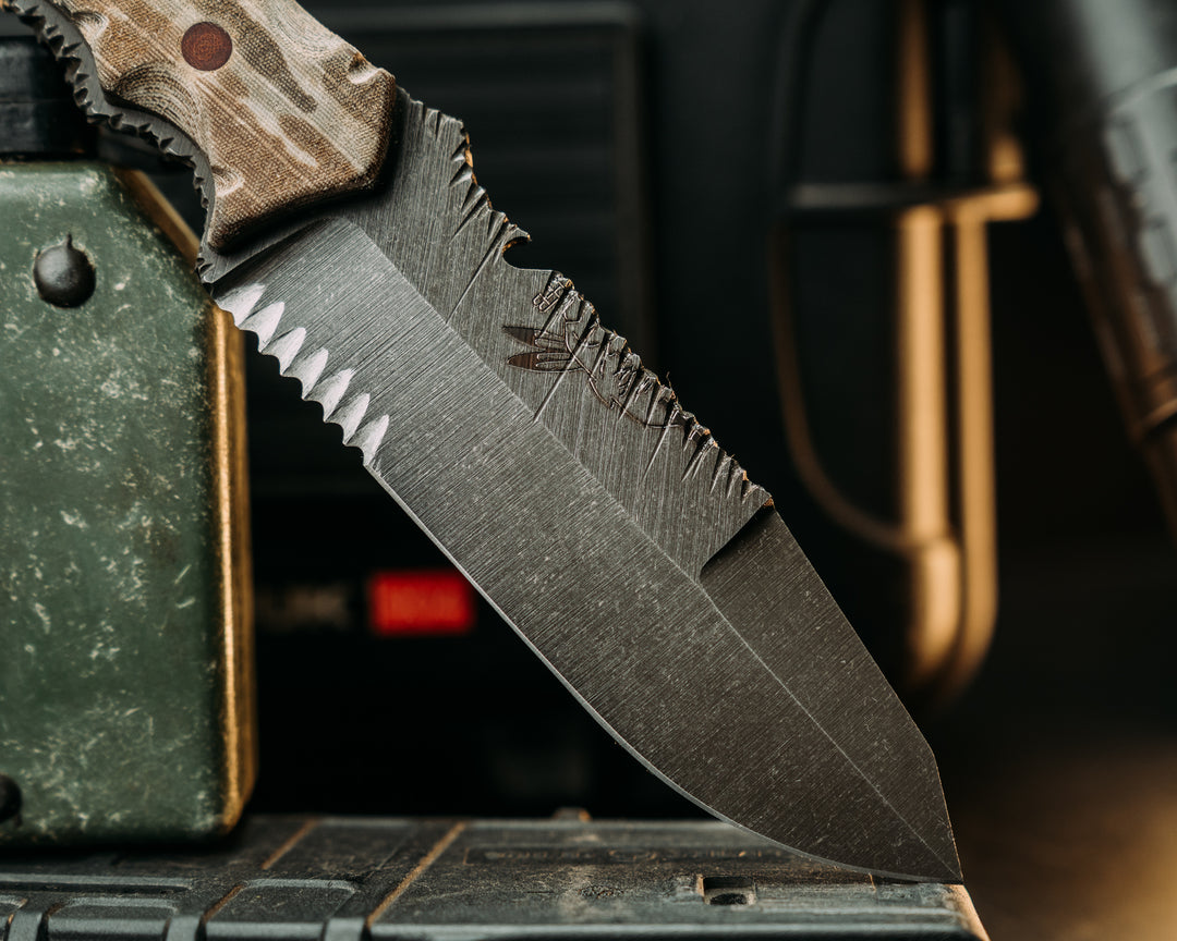 Notched Disaster Breacher- Desert Tiger Stripe Cammie Micarta, Brown Micarta Pins, Textured GripRock Worked Spine