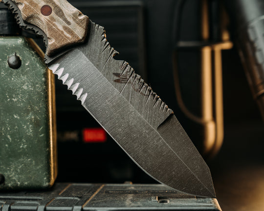 Notched Disaster Breacher- Desert Tiger Stripe Cammie Micarta, Brown Micarta Pins, Textured GripRock Worked Spine
