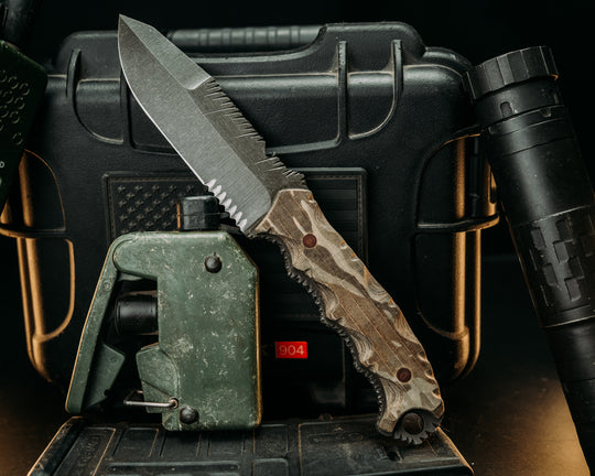 Notched Disaster Breacher- Desert Tiger Stripe Cammie Micarta, Brown Micarta Pins, Textured GripRock Worked Spine