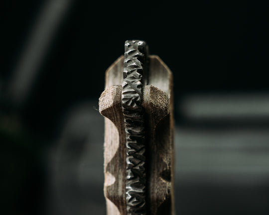 Notched Disaster Breacher- Desert Tiger Stripe Cammie Micarta, Brown Micarta Pins, Textured GripRock Worked Spine