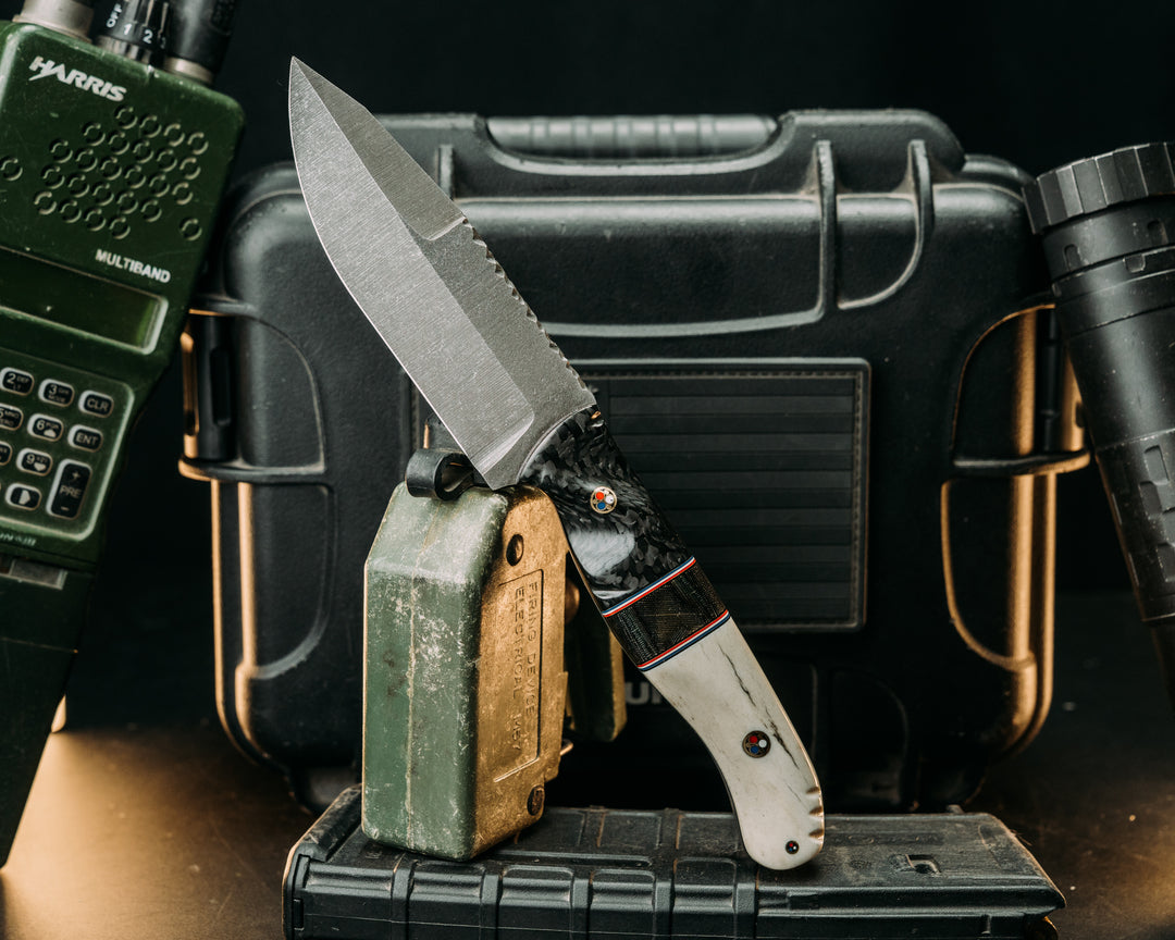Hog Hunt- Carbon Fiber, Black G10, Brass, Blue G10, White G10 and Cherry G10 Pin Striping, Andy's Cammies Split, Elk antler, Patriot Mosaic Pins, Textured Grip