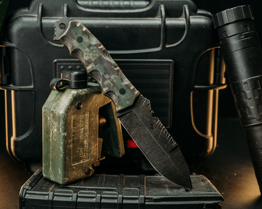 Notched Disaster Jr.- Digi Green and Brown Mil Spec Micarta, CF Pins, Textured Grip, Rock Worked Spine and Skull Crusher