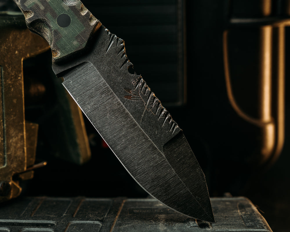 Notched Disaster Jr.- Digi Green and Brown Mil Spec Micarta, CF Pins, Textured Grip, Rock Worked Spine and Skull Crusher