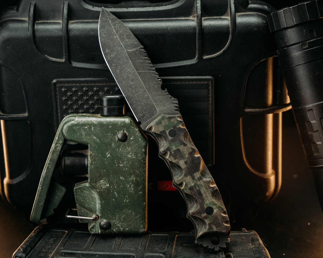 Notched Disaster Jr.- Digi Green and Brown Mil Spec Micarta, CF Pins, Textured Grip, Rock Worked Spine and Skull Crusher