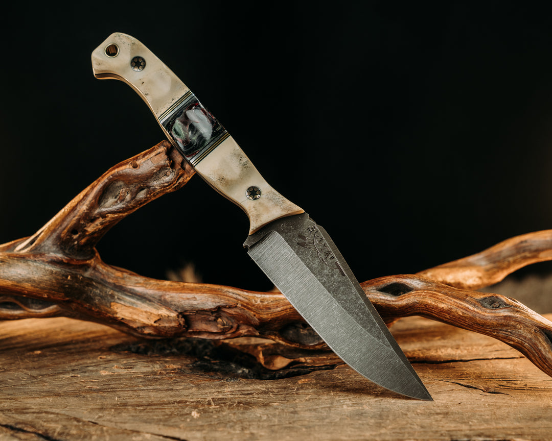 Crow Pre-Jay- Moose Antler, Black G10, Brass and Aluminum Pin Striping, Navy S.E.A.L Cammie and American Flag Micarta Split, Mosaic Pins, Textured Grip