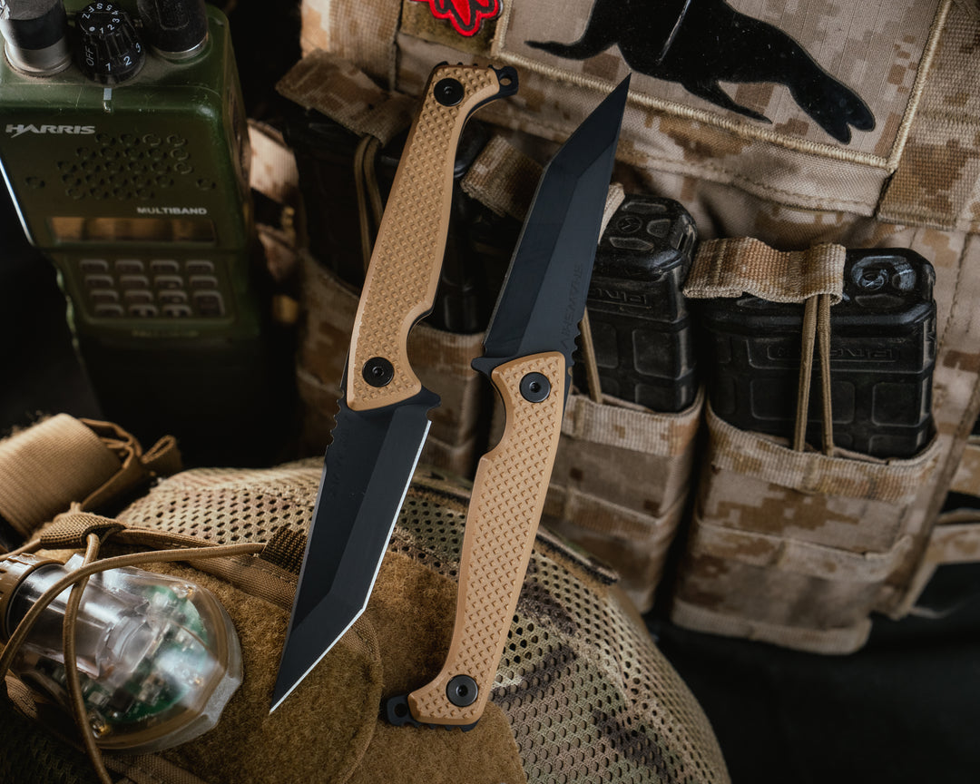 SHAW SHIV x HFB- Magpul stealth grey cerakote, Coyote Tan G10, Black Allen Bolts, Knurling Grip