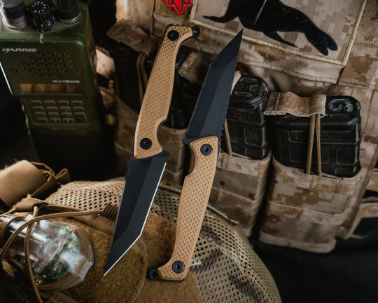 SHAW SHIV x HFB- Magpul stealth grey cerakote, Coyote Tan G10, Black Allen Bolts, Knurling Grip
