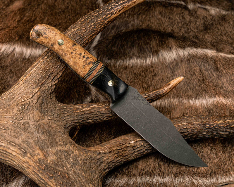 Crow Scout- Ebony, Black G10, Brass, Coyote G10 and Desert Tan G10 Pin Striping, Black Ash Burl Split, Black Ash Burl, Mosaic Pins, Brass Lanyard Pin, Textured Grip