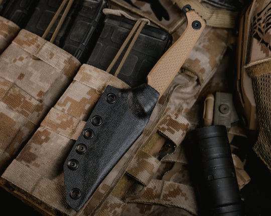 SHAW SHIV x HFB- Magpul stealth grey cerakote, Coyote Tan G10, Black Allen Bolts, Knurling Grip