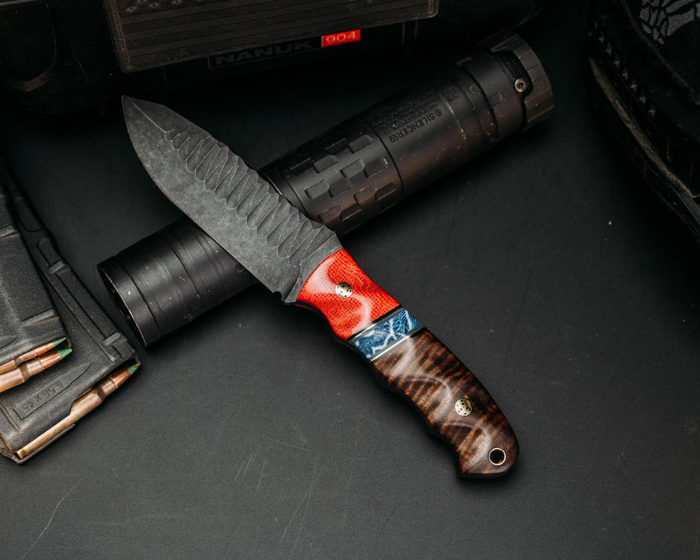Disaster Jr - Fire Canvas Micarta, Black, Earth & Blue G10 w/ Brass Pin Striping, Coral Split, Hawaiian Curly Koa, Mosaic Pins, Brass Lanyard Pin, Textured Grip.