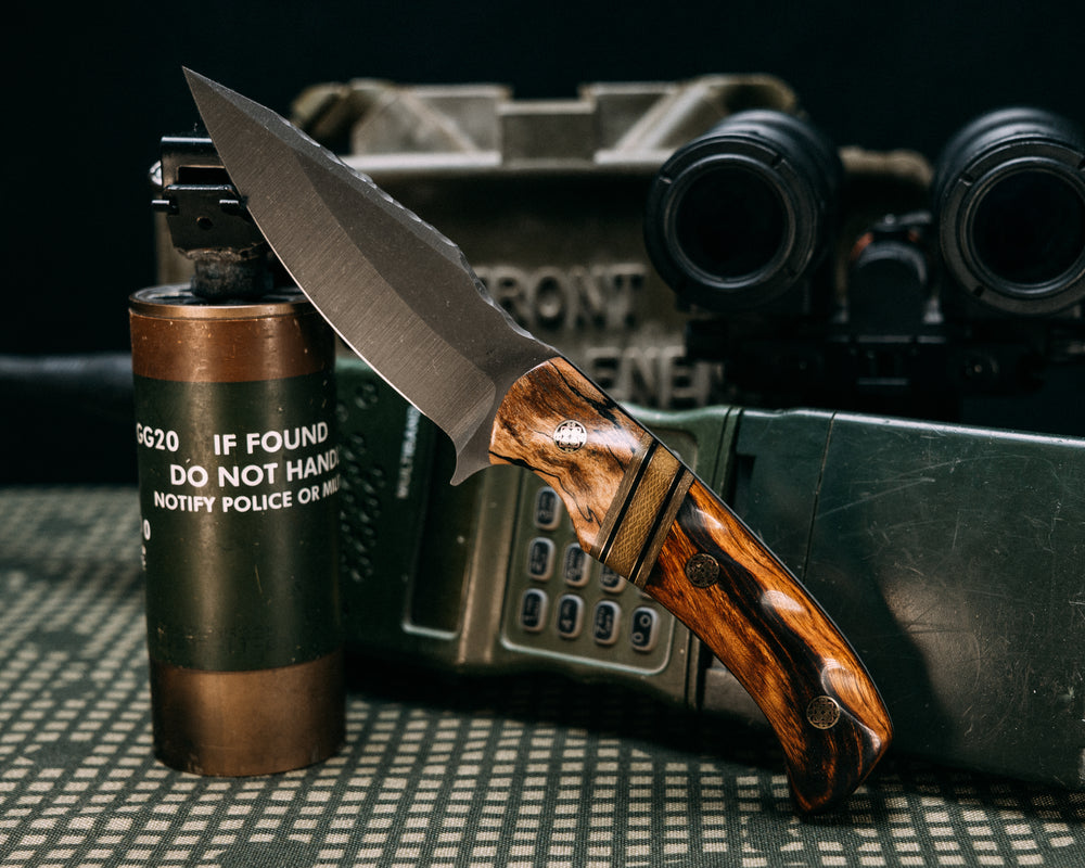 Modified Ishi- Spalted Maple, OD Green Canvas Micarta, Brass and Black G10 Split, Desert Ironwood, Mosaic Pins, Contoured Grip