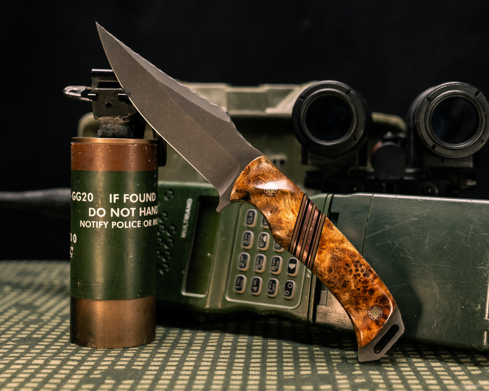 Modified Tosahwi- Black Ash Burl, Black G10, Earth G10 and Copper Split, Mosaic Pins, Contoured Grip