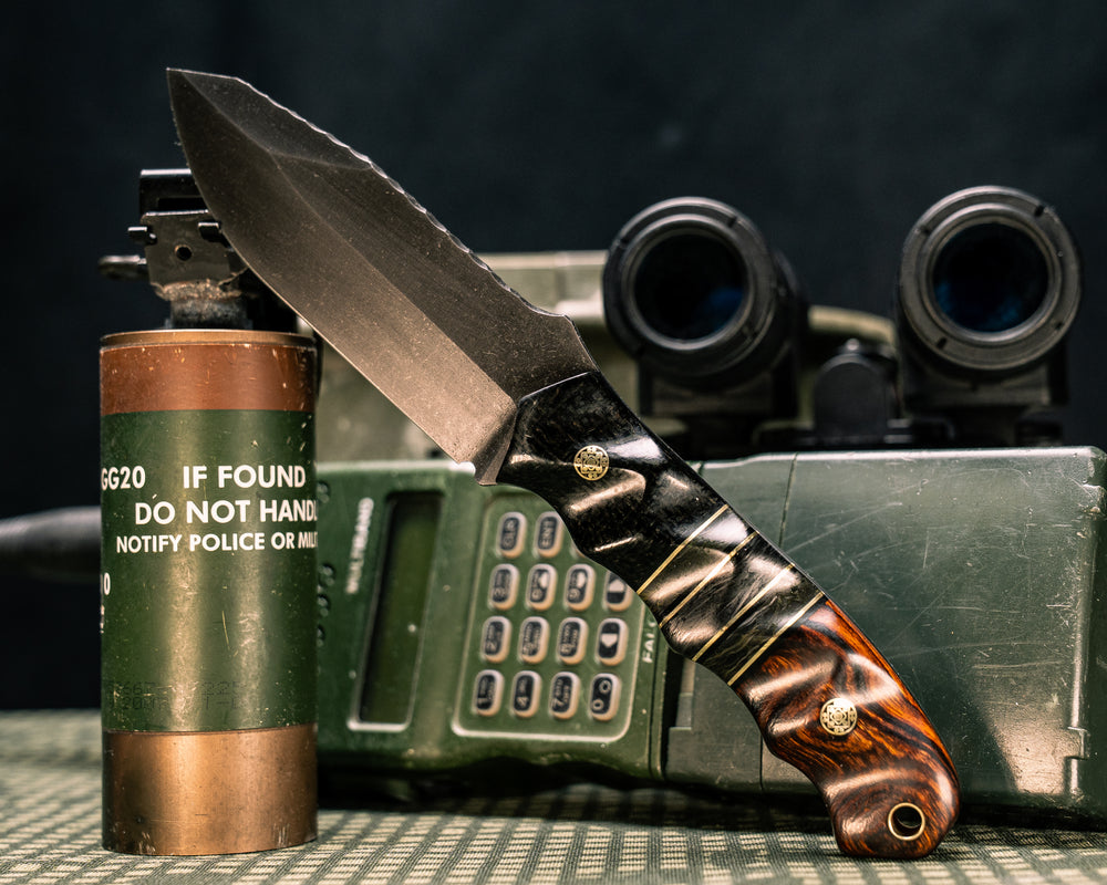 Disaster Jr- Black Burlap Micarta, Black G10 and Brass Pin Striping, Black Dark Matter Carbon and Green Dark Matter Carbon Split, Mosaic Pins, Brass Lanyard Pin, Textured Grip