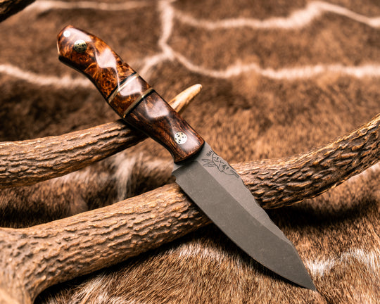 Field Knife Jr- Maple, Black G10, Brass and OD Green G10 Pin Striping, Maple Split, Amboyna Burl, Mosaic Pins, Textured Grip