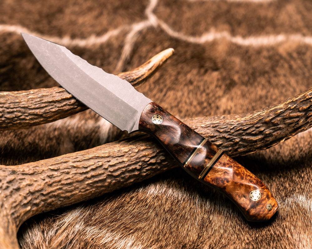 Field Knife Jr- Maple, Black G10, Brass and OD Green G10 Pin Striping, Maple Split, Amboyna Burl, Mosaic Pins, Textured Grip