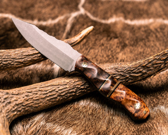 Field Knife Jr- Maple, Black G10, Brass and OD Green G10 Pin Striping, Maple Split, Amboyna Burl, Mosaic Pins, Textured Grip