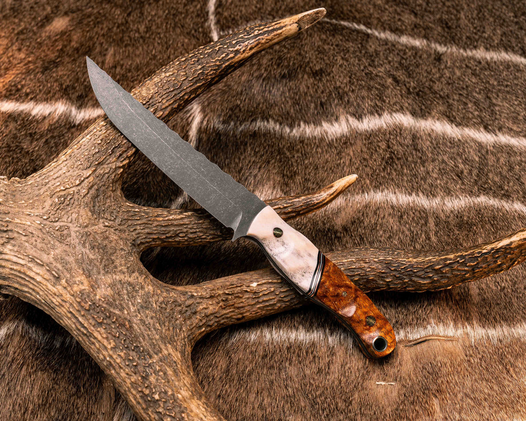 Crow Breakdown- Elk antler, Black G10, Copper and White G10 Split, Afzelia Burl, Mosaic Pins, 3/8" Aluminum Lanyard Pin, Textured Grip