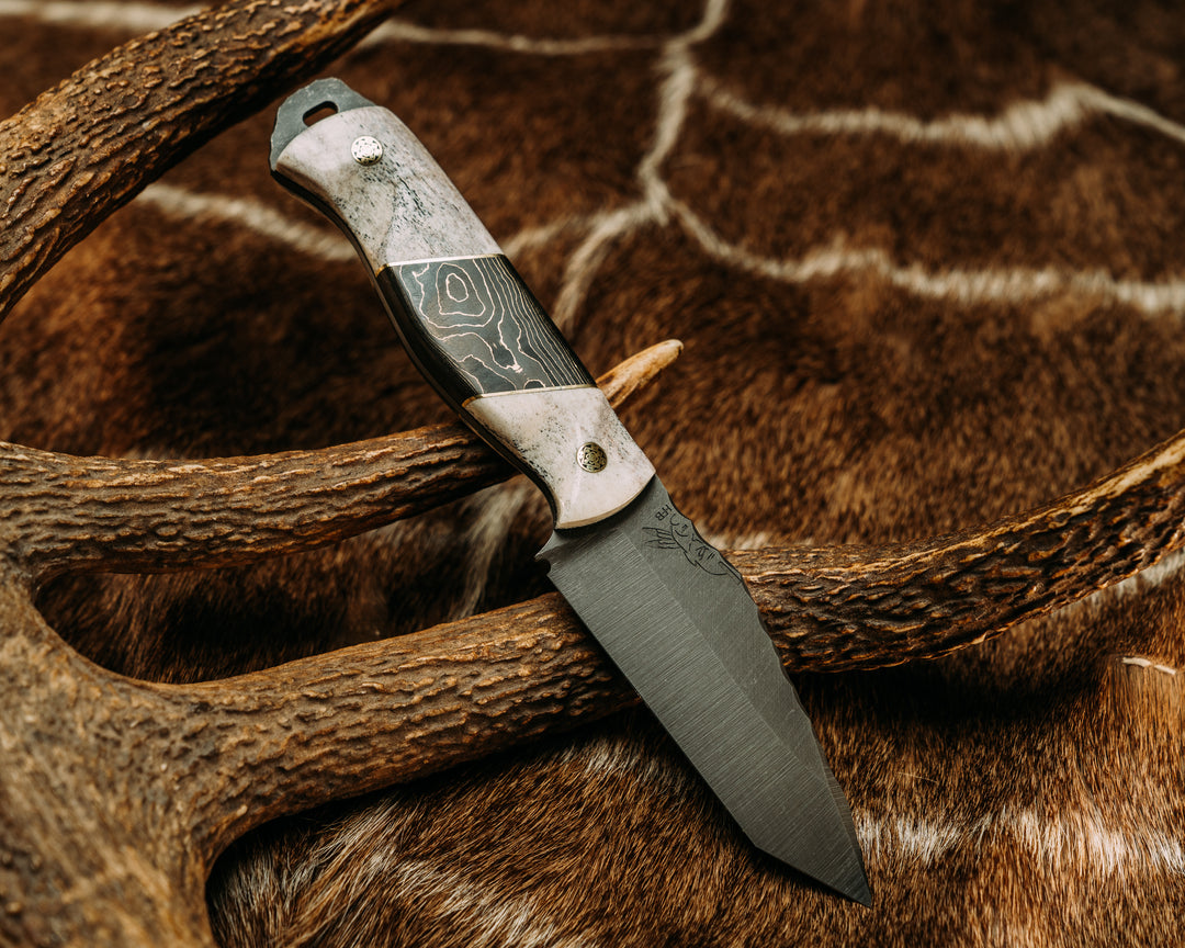 Modified Field Knife Tanto- Brass and Gold Camo Carbon Split, Mosaic Pins, Contoured Grip