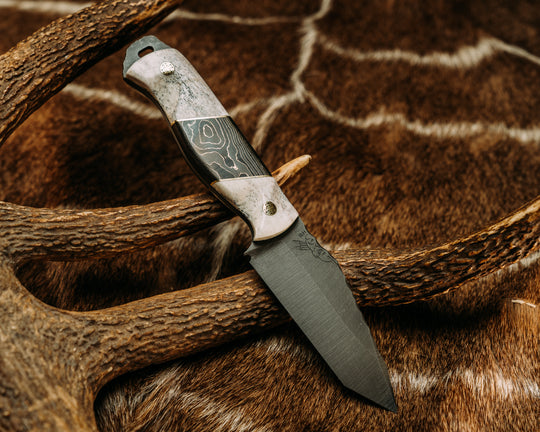 Modified Field Knife Tanto- Brass and Gold Camo Carbon Split, Mosaic Pins, Contoured Grip