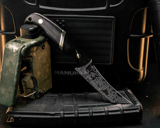 Draugr- Black Burlap Micarta, Black G10, Brass and Aluminum Split, Ancient Bog Oak, Brass Pins, Brass Lanyard Pin, Textured Grip