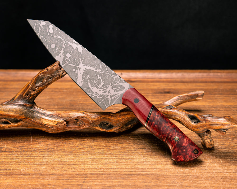 Santoku- Red G10, Black G10 and Brass Split, Dyed Maple, CF Pin, Mosaic Pin, CF Lanyard Pin, Smooth Grip