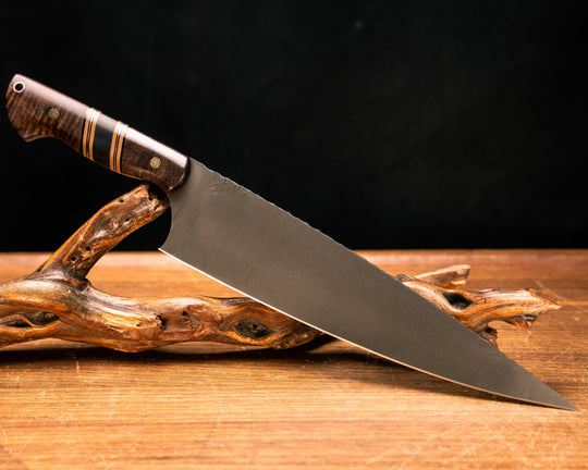 Chef Blade 10"- Copper Coral Space Carbon, Black G10, Coyote G10 and Copper Pin Striping, Hawaiian Curly Koa Split, Hawaiian Curly Koa, Mosaic Pins, Copper Lanyard Pin, Smooth Grip