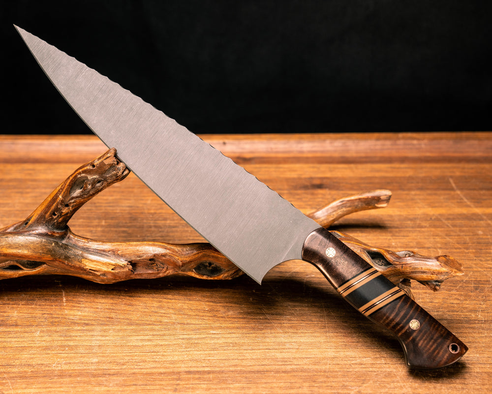 Chef Blade 10"- Copper Coral Space Carbon, Black G10, Coyote G10 and Copper Pin Striping, Hawaiian Curly Koa Split, Hawaiian Curly Koa, Mosaic Pins, Copper Lanyard Pin, Smooth Grip