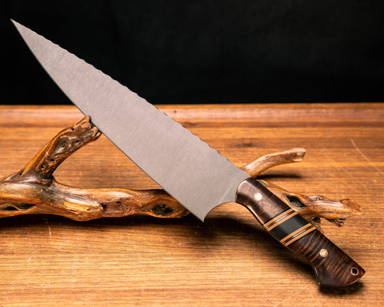 Chef Blade 10"- Copper Coral Space Carbon, Black G10, Coyote G10 and Copper Pin Striping, Hawaiian Curly Koa Split, Hawaiian Curly Koa, Mosaic Pins, Copper Lanyard Pin, Smooth Grip