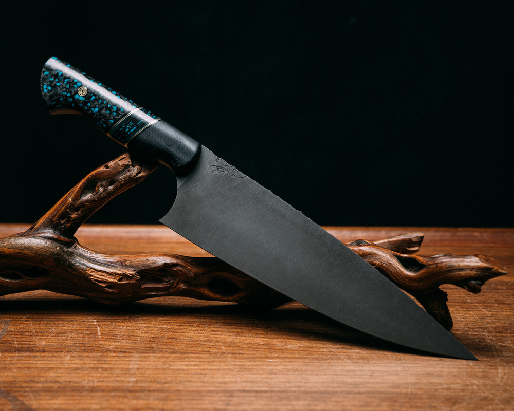 Chef Set- Black G10, Black G10, Brass, Grey G10 and Jade G10 Pin Striping, Turquoise Rocky Wave Split, Turquoise Rocky Wave Carbon, Mosaic Pins, Smooth Grip
